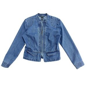 French Cuff Denim Jacket Womens Medium Blue Zip Front‎ Mandarin Collar Stretch